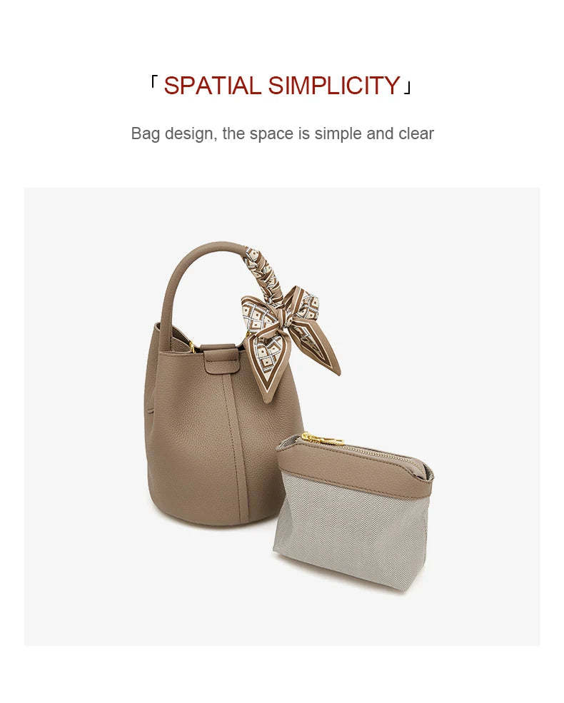 FOXER Women Shoulder Bag Crossbody Handbag Lady Genuine Leather+ Microfiber Fashion Bucket Bag Gift for Lover