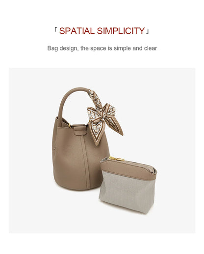FOXER Women Shoulder Bag Crossbody Handbag Lady Genuine Leather+ Microfiber Fashion Bucket Bag Gift for Lover