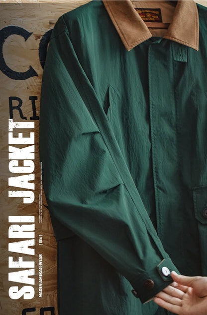Maden Men's Retro Multi-pocket Safari Jacket Green Loose Corduroy Lapel Classic Coat Versatile Outerwear for Spring and Autumn