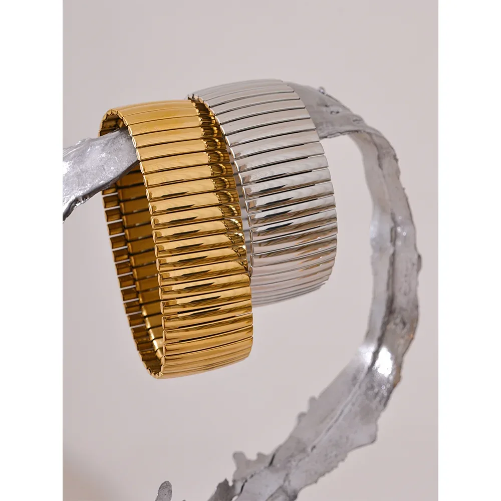 Elastic 316L Stainless Steel Metal Wide Big Statement Bracelet Bangle - ShopHub