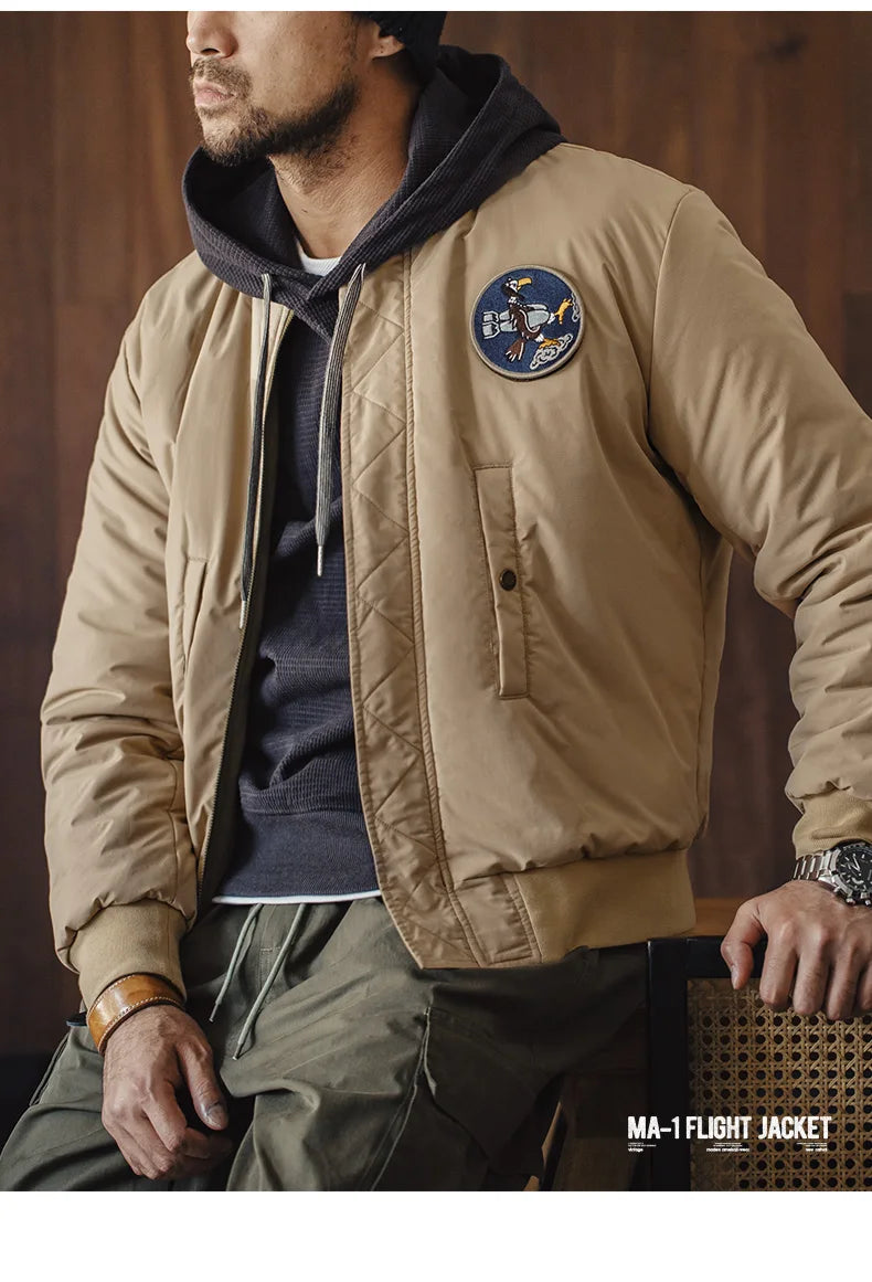 Maden Reversible MA-1 Flight Jackets for Men Baseball Collar Small Square Texture Fall and Winter Thickened Coats Cotton Jacket