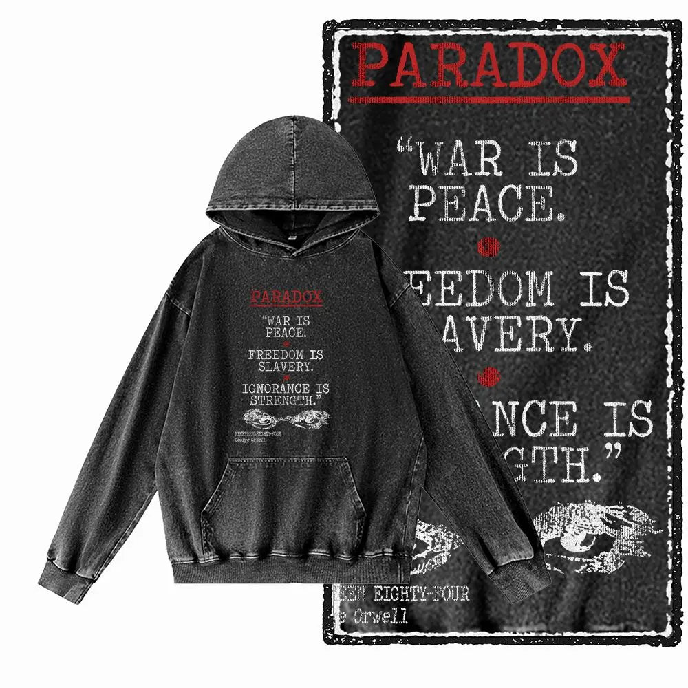 1984 Graphic Acid-Washed Black Streetwear Hoodie