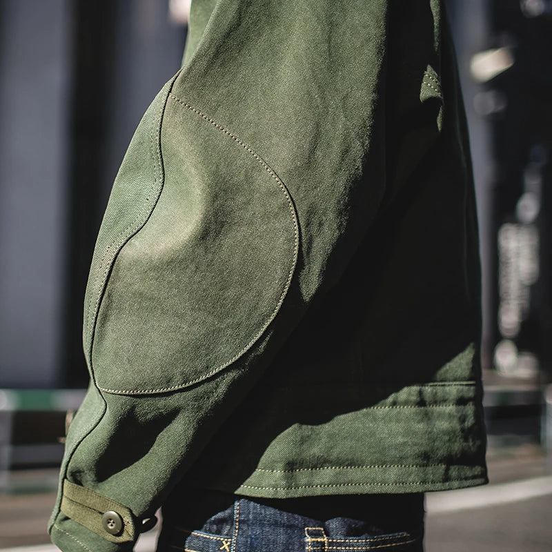 Maden Retro 16oz Canvas Swedish Motorcycle Green Jacket Pocket Bomber Jacket Casual Hunting Work Outwear for Men Spring and Fall
