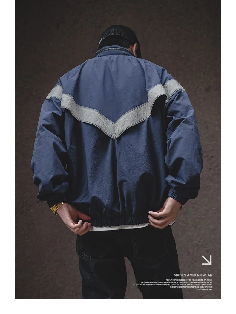 Maden Bomber Jackets For Men Vintage Training Coat Vibe Wind Reflective Hooded Quick-drying Jacket Male Blue