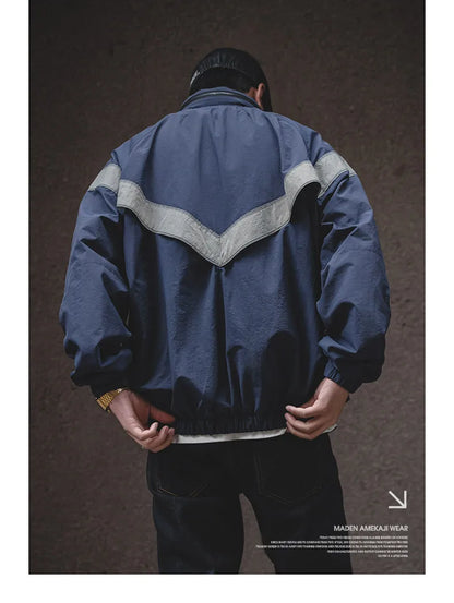 Maden Bomber Jackets For Men Vintage Training Coat Vibe Wind Reflective Hooded Quick-drying Jacket Male Blue