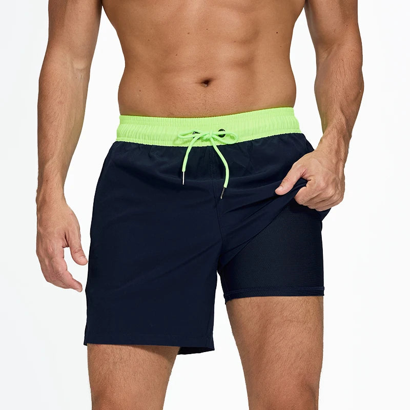 Men's summer boardshorts by ShopHub NZ, polyester with spandex, elastic waist, side zipper pocket, ideal for gym, beach, or swim.