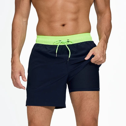 Men's summer boardshorts by ShopHub NZ, polyester with spandex, elastic waist, side zipper pocket, ideal for gym, beach, or swim.