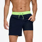 Men's summer boardshorts by ShopHub NZ, polyester with spandex, elastic waist, side zipper pocket, ideal for gym, beach, or swim.