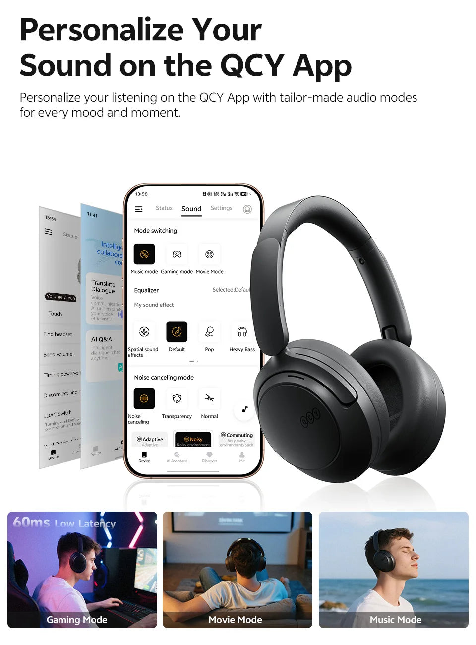 QCY Wireless Bluetooth Headphones 6.0 BH25H3SA - 3D Spatial Audio, Foldable Over Ear Headset with 56dB Adaptive ANC and 53mm Driver - ShopHub