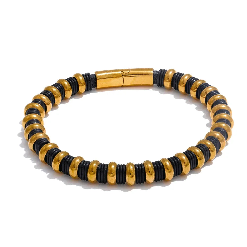 65mm Distinctive Stainless Steel Leather Metal Beads Bracelet Bangle - ShopHub
