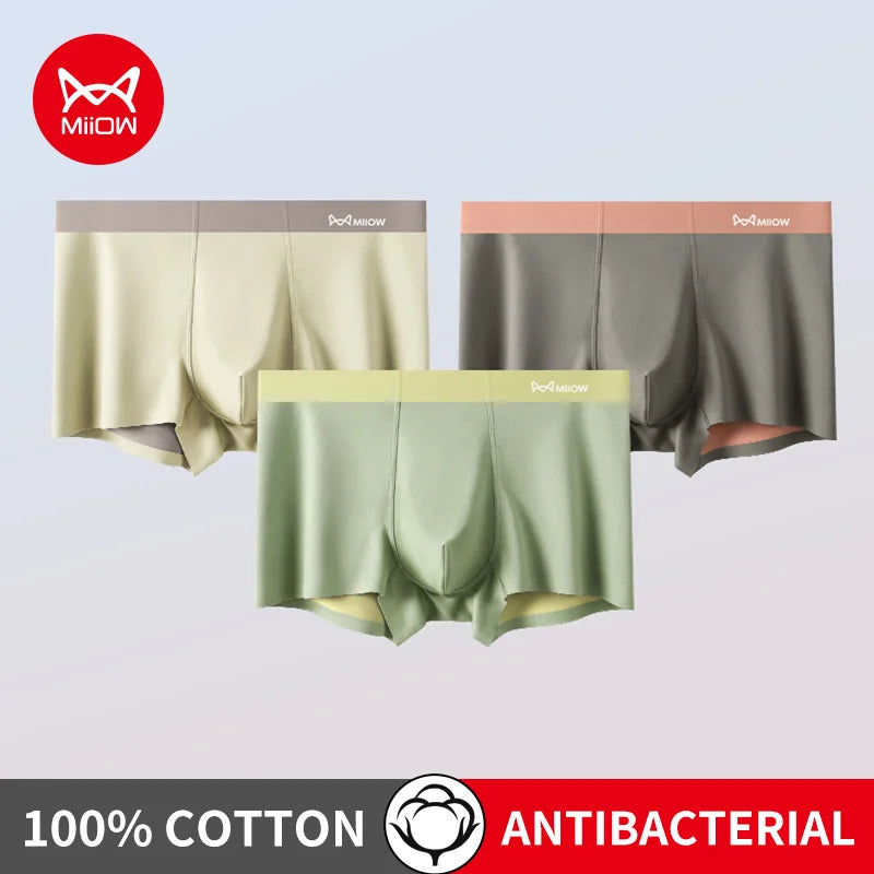 MiiOW Men's Cotton Underwear 3Pcs Silky Softness Antibacterial Boxers