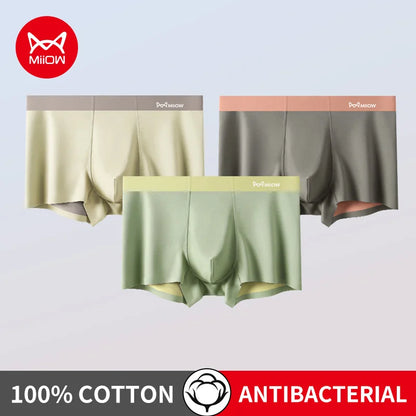 MiiOW Men's Cotton Underwear 3Pcs Silky Softness Antibacterial Boxers