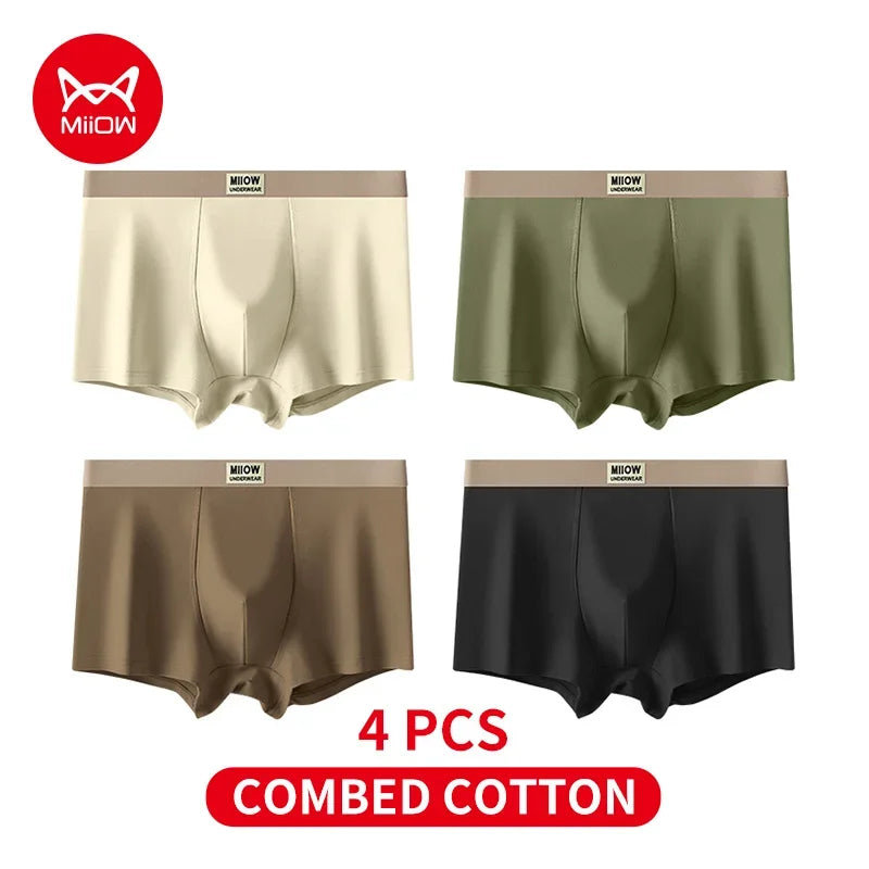 MiiOW 4Pcs Cotton Men's Underwear Soft Antibacterial U-shaped Crotch Breathable Boxer Briefs