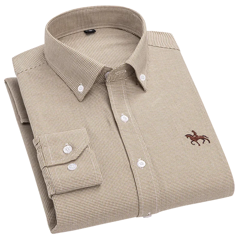 Pure Cotton Oxford Embroidered Horse Shirt for Men - Oversized Floral Long Sleeve Casual Streetwear Plus Size
