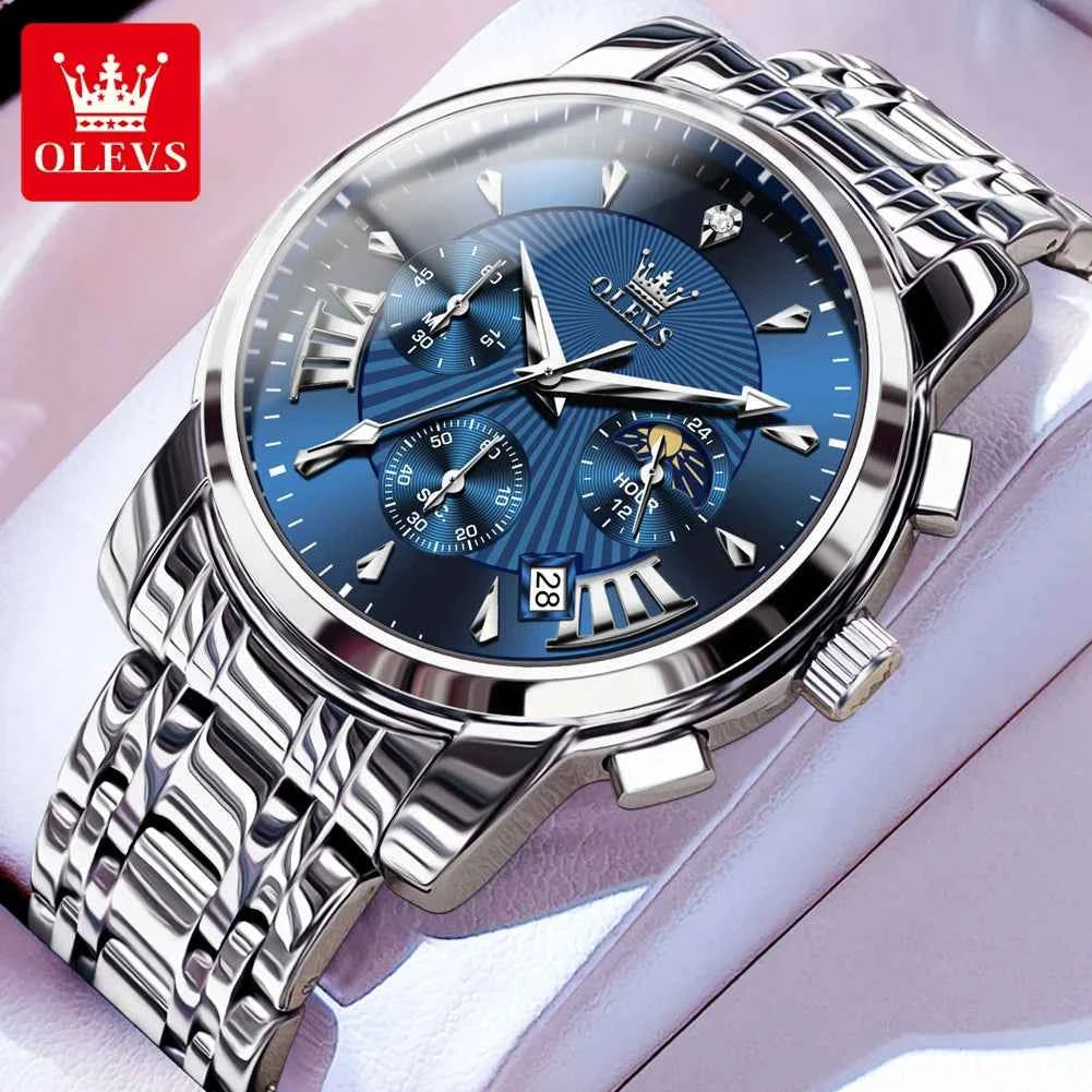 OLEVS 2892 Men's Chronograph Watch - Multifunctional Waterproof Quartz with Luminous Moon Phase and Freebie