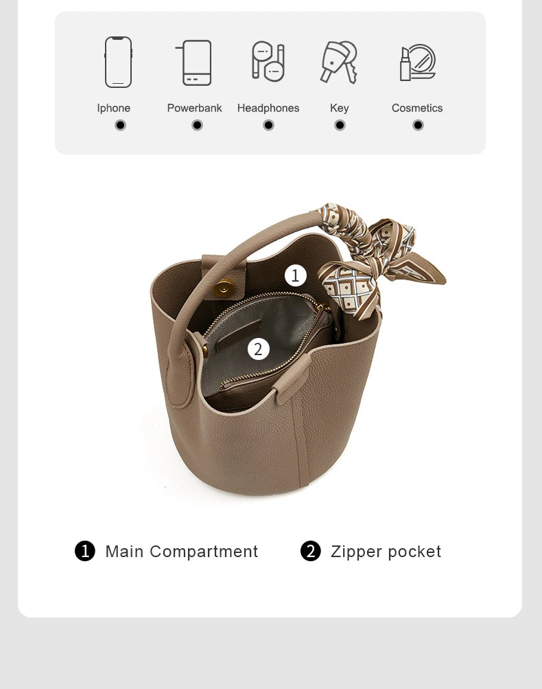 FOXER Women Shoulder Bag Crossbody Handbag Lady Genuine Leather+ Microfiber Fashion Bucket Bag Gift for Lover