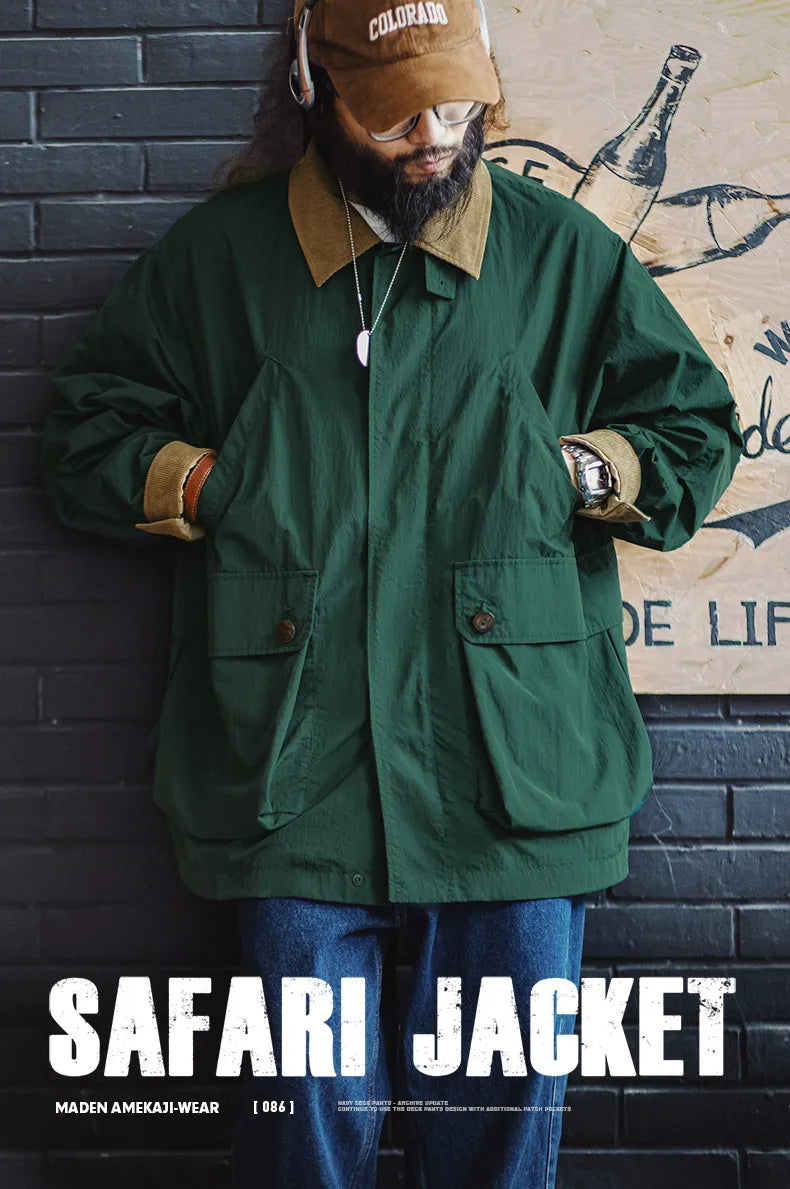 Maden Men's Retro Multi-pocket Safari Jacket Green Loose Corduroy Lapel Classic Coat Versatile Outerwear for Spring and Autumn