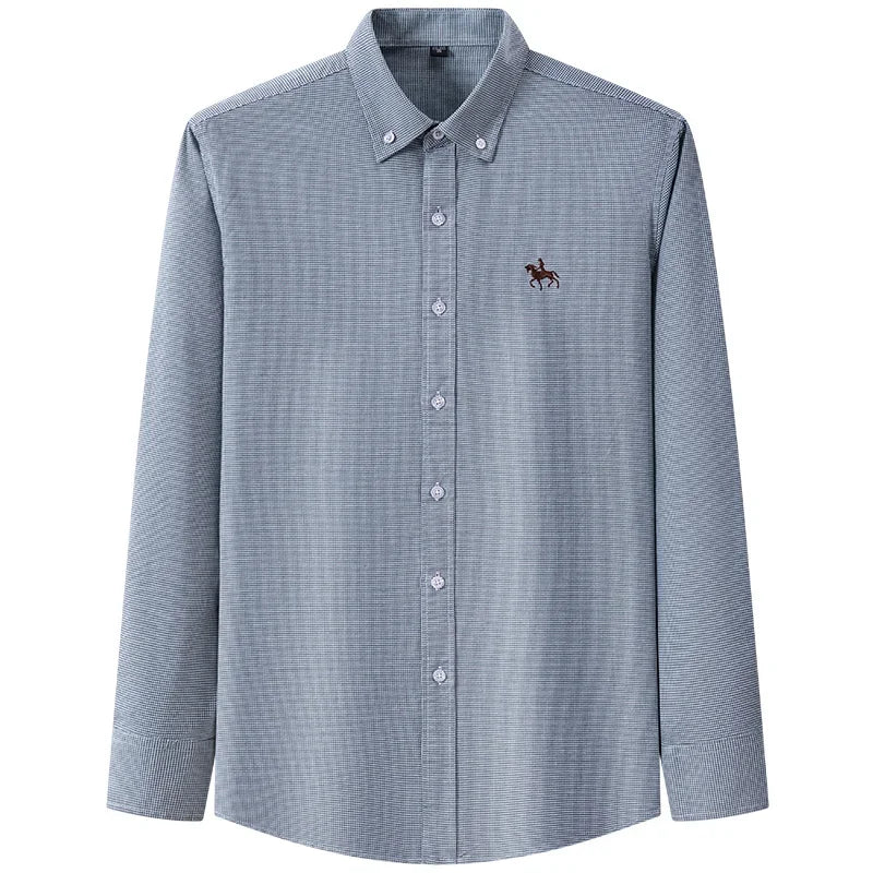 Pure Cotton Oxford Embroidered Horse Shirt for Men - Oversized Floral Long Sleeve Casual Streetwear Plus Size