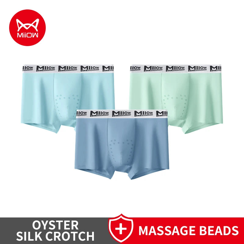 MiiOW 3Pcs Men's Breathable Underwear Ice Silk 10A Antibacterial Boxershorts with 101 Massage Beads