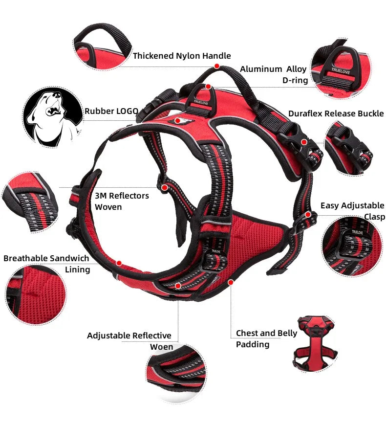 Truelove Pet Harness Reflective Nylon Large Pet Dog Harness All Weather Padded Adjustable Safety Vehicular Leads for Dog TLH5651