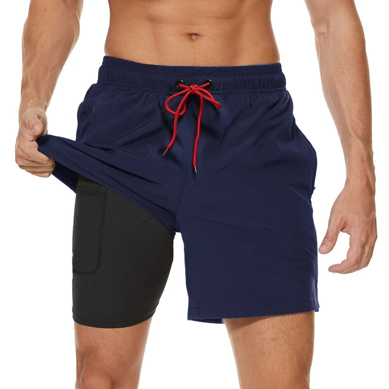 Men's summer boardshorts by ShopHub NZ, polyester-spandex blend with elastic waist, side zipper pocket, ideal for gym, beach, or swim.