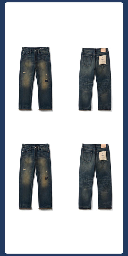 SIMWOOD 2026 Spring New Loose Straight 16oz Heavyweight Selvedge Denim Jeans Men Vintage Distressed Ripped Jeans