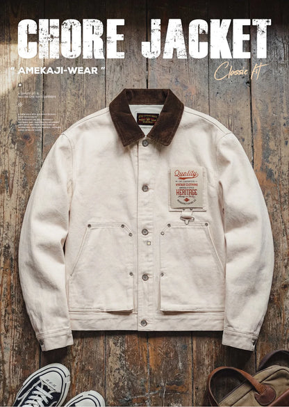 Maden Men's Retro French J22 Jacket Heavyweight White Cottonseed Shell Safari Coat Corduroy Collar Spring/Fall Hunting Outerwear
