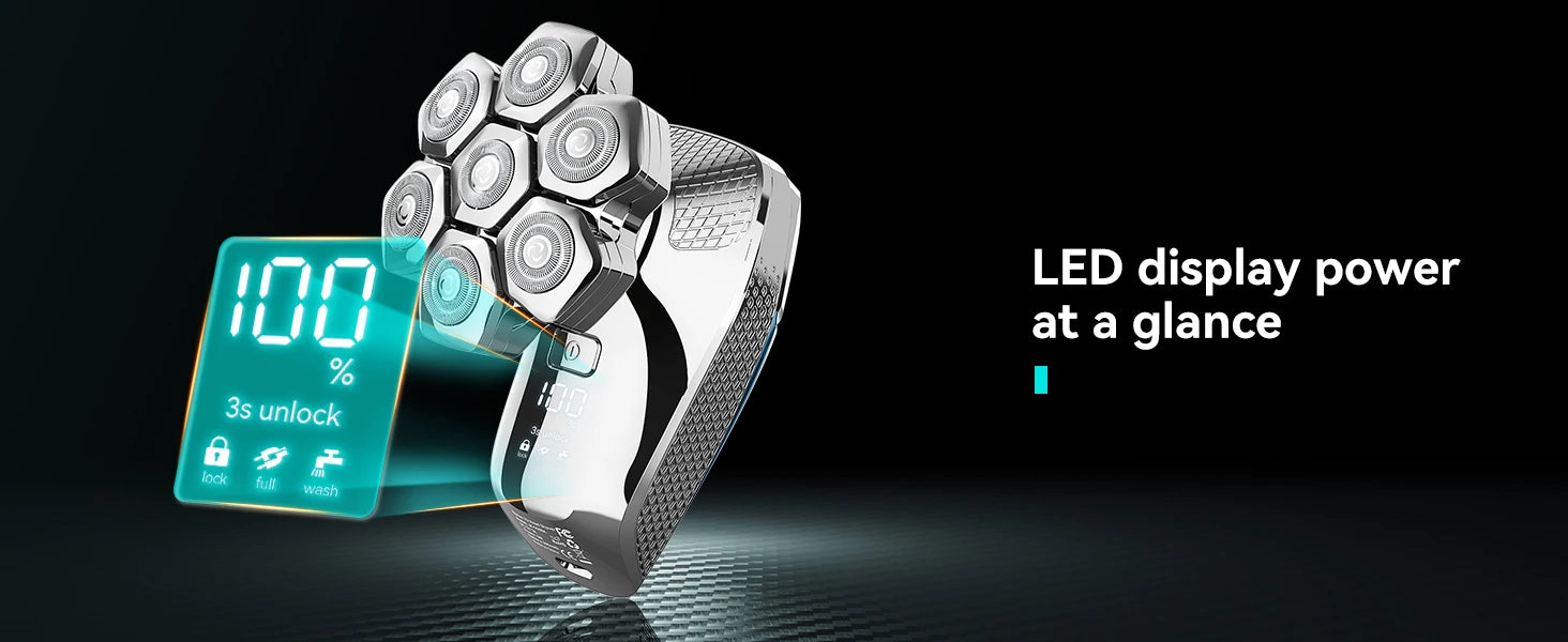 KENSEN 5-in-1 Electric Head Shaver with magnetic 7D floating blades, compact hair crimper for precise grooming.