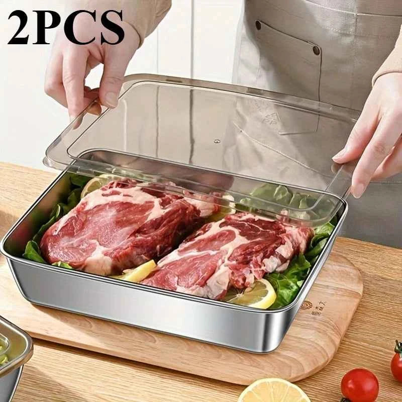 2Pcs Black Stackable Food Containers, Stainless Steel Kitchens Accessories, Holds Knives, Airtight Kitchen Storage with Lids