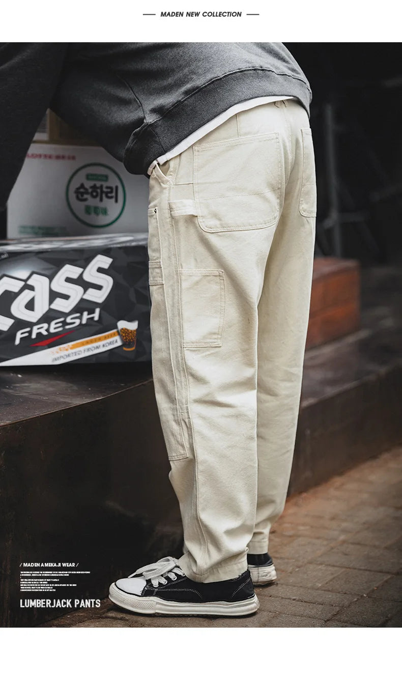 Maden Multi Pockets White Jeans Vintage Baggy Workwear Old Fashion Functional Design Chino Pants Mens Modified Lumberjack Pants