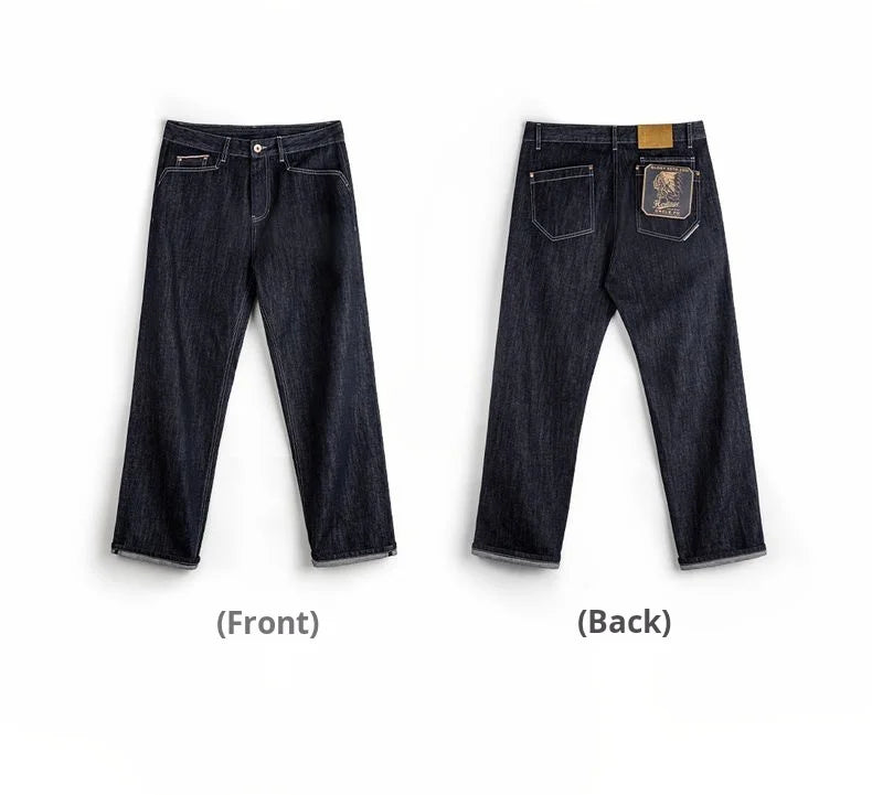 Maden Men's Vintage 12oz Washed Denim Jeans Straight Wide Leg Blue Trousers Loose Fit Zip Fly Casual Pants for Fall and Winter