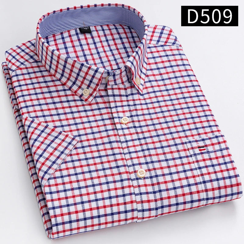 100% Cotton Men's Breathable Cotton Plaid Shirt - Short Sleeve Oxford Summer Striped Regular Fit Oversized Clothing