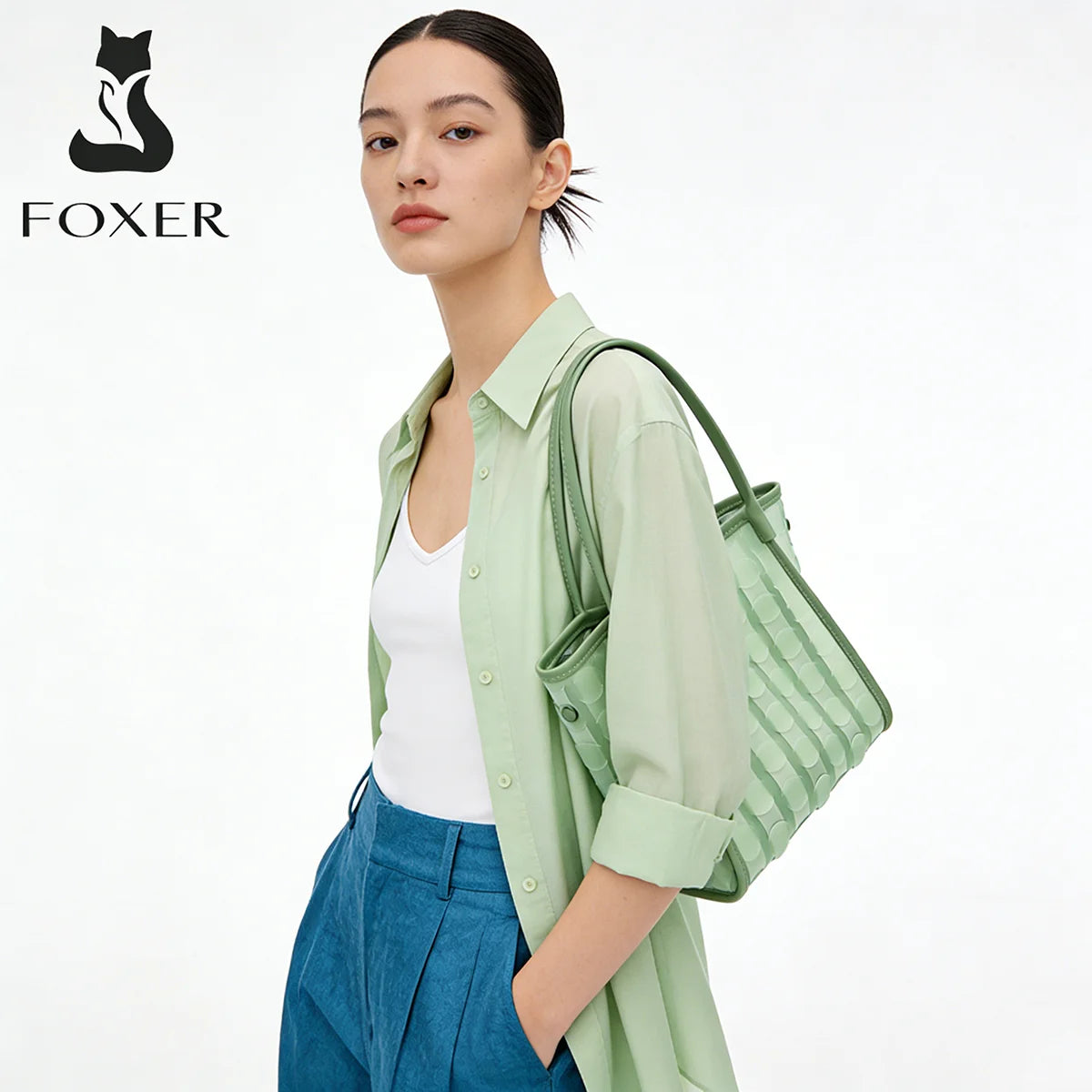 FOXER Light Green Women's Tote Bag, Fashion Waterproof TPU Handbag for Summer Travel & Commute, Lightweight Lady's Shoulder Bag