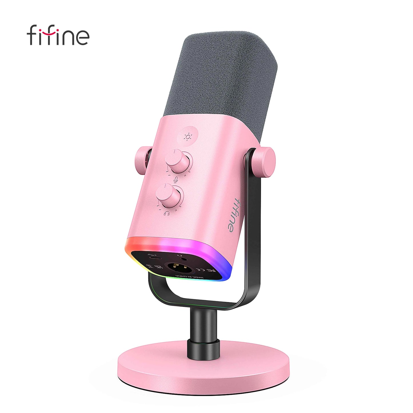 FIFINE USB/XLR gaming microphone on a desk, with adjustable stand and pop filter, ideal for streaming and recording.