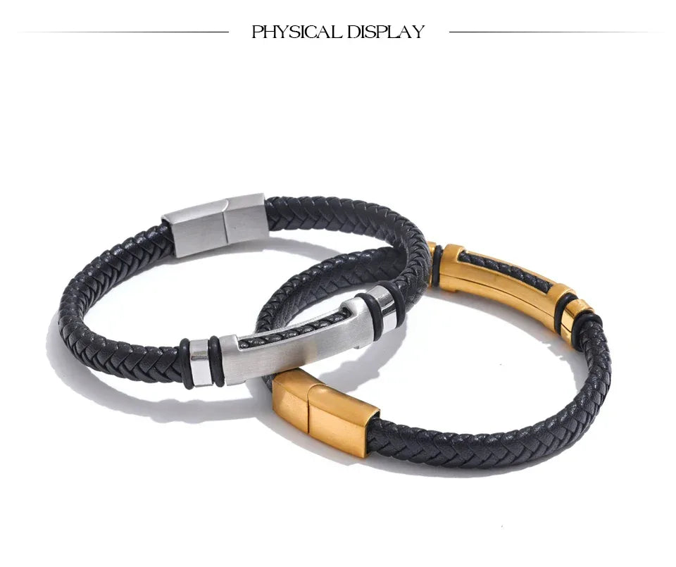 70mm Vintage Stainless Steel Black Leather Braided Handmade Men's Bracelet Bangle - ShopHub