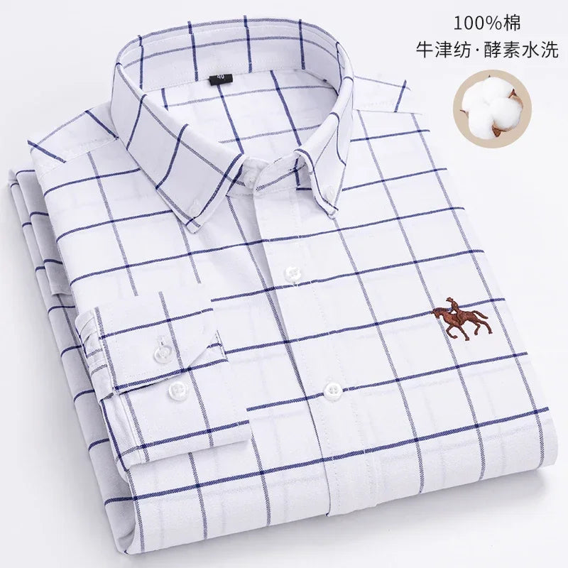 Pure Cotton Oxford Embroidered Horse Shirt for Men - Oversized Floral Long Sleeve Casual Streetwear Plus Size