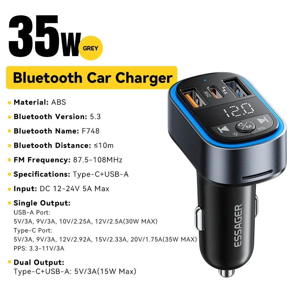 Essager FM Bluetooth 5.3 Transmitter and 35W USB Type-C Dual Ports PD QC Car Charger - ShopHub