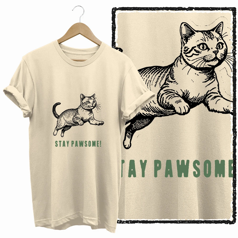 COOLMIND Beige Cat Graphic T-Shirt | Women's Relaxed Fit