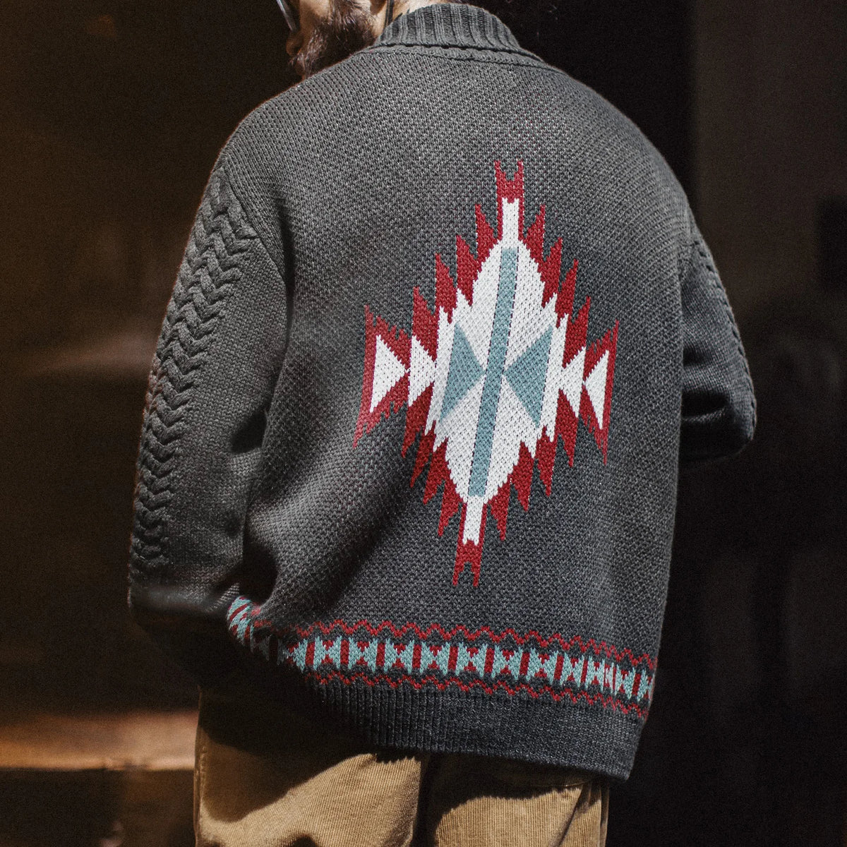 MADEN Retro Jacquard Shawl-Collar Cardigan