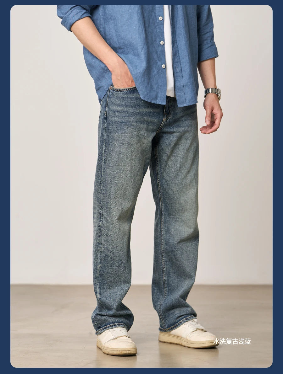 SIMWOOD High Standard 2026 Spring New 13oz Cotton Hemp Washed Vintage Jeans for Men,Classic Retro Casual Denim Trousers