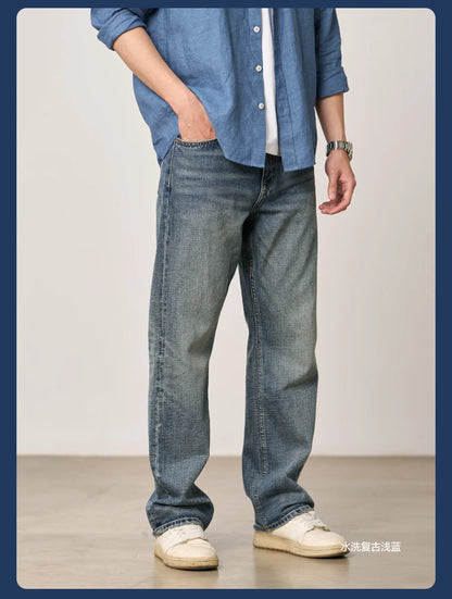 SIMWOOD High Standard 2026 Spring New 13oz Cotton Hemp Washed Vintage Jeans for Men,Classic Retro Casual Denim Trousers