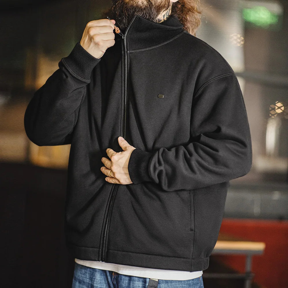 Maden Men's High Neck Warm Jacket Polar Fleece Lining Thickened Coat Casual Sports Style Cardigan Sweater Vintage Tennis Jacket