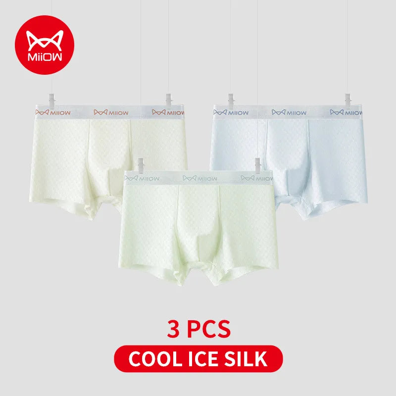 MiiOW 3Pcs Men's Breathable Boxers - Ice Silk Antibacterial Underwear with Cool Breathable Mesh