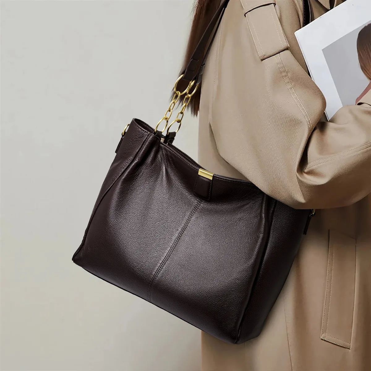 FOXER Genuine Leather Women's Elegant Shoulder Bag Simple Casual Tote Bag Large Capacity Multi-use Crossbody Handbag for Daily