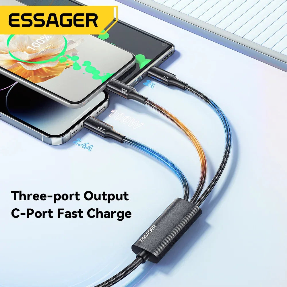Essager 100W 3-in-1 USB C to Type C and Lightning PD Fast Charger Cable - ShopHub