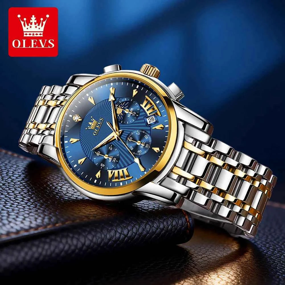 OLEVS 2892 Mens Business Quartz Watch with Moon Phase Multifunctional Chronograph and Calendar Window