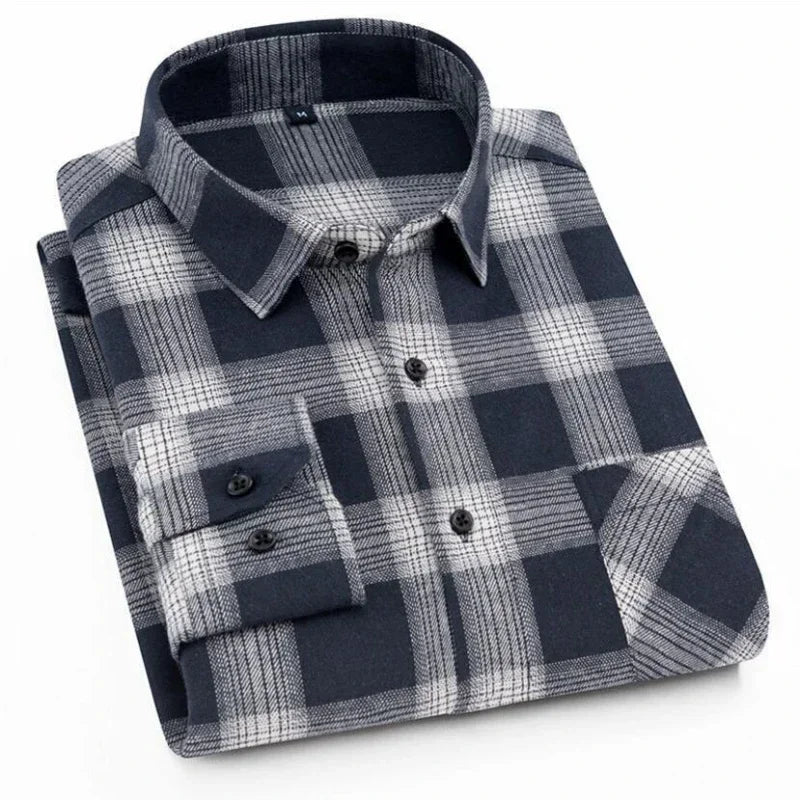 Pure Cotton Men's Plaid Shirt - Oversized Long Sleeve Casual Shirt for Plus Size
