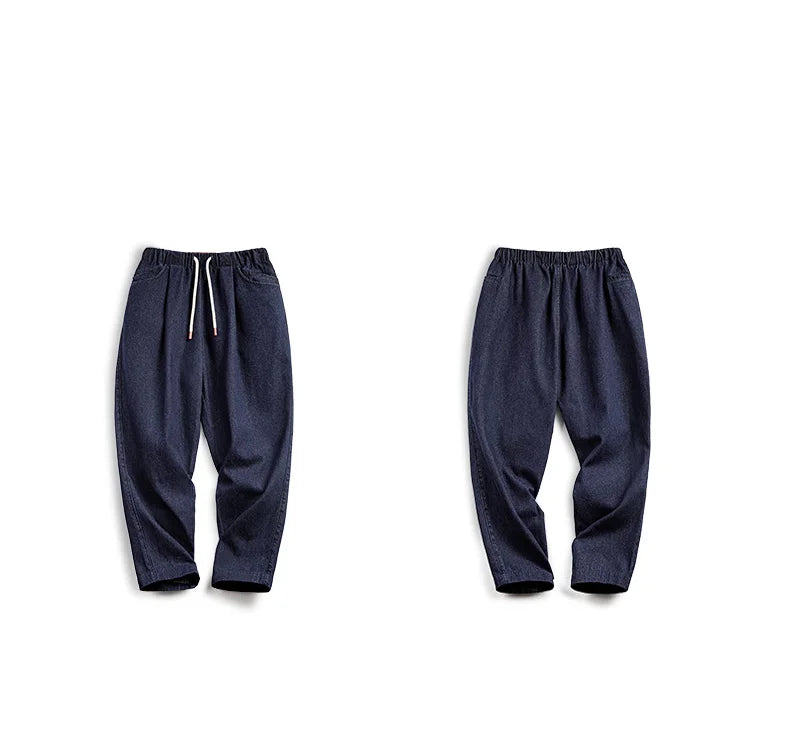 Maden Casual 10oz Jogger Denim Jeans with Elastic Waist Drawstring Washed Straight Trousers for Men's Spring and Autumn Pants