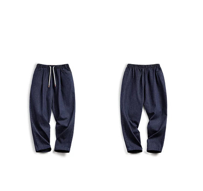 Maden Casual 10oz Jogger Denim Jeans with Elastic Waist Drawstring Washed Straight Trousers for Men's Spring and Autumn Pants