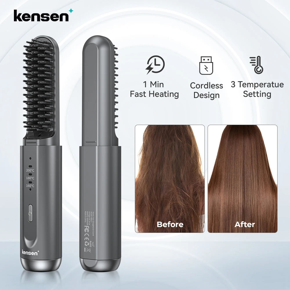 Kensen Wireless Hair Straightener Brush - Negative Ion USB Rechargeable Fast Heat Styling Comb for Men and Women